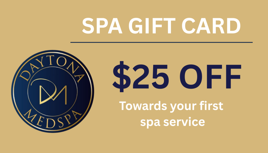 A spa gift card from Daytona Medspa offering $25 off the first spa service, displayed on a gold background.