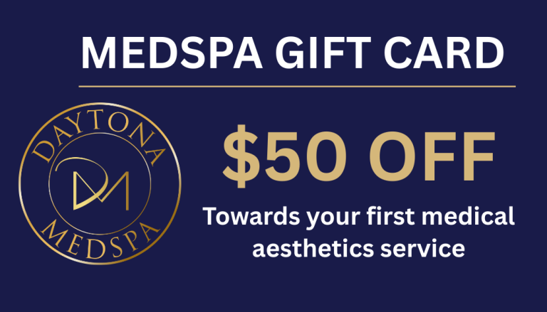 A gift card for Daytona Medspa offering $50 off the first medical aesthetics service.