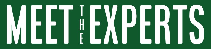 Text reading 'MEET THE EXPERTS' in bold white font on a green background.